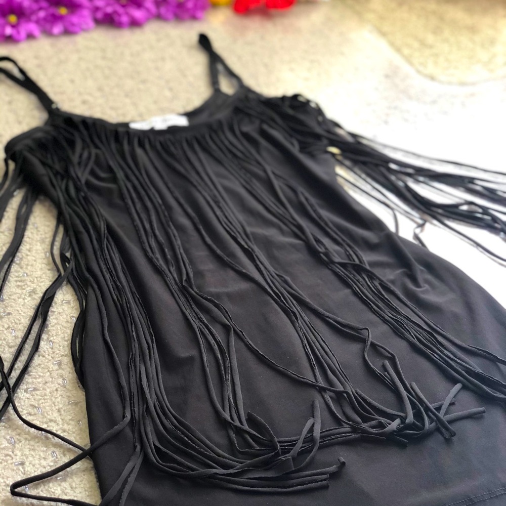 Peep Toe Black Fringe All Over Mini Dress